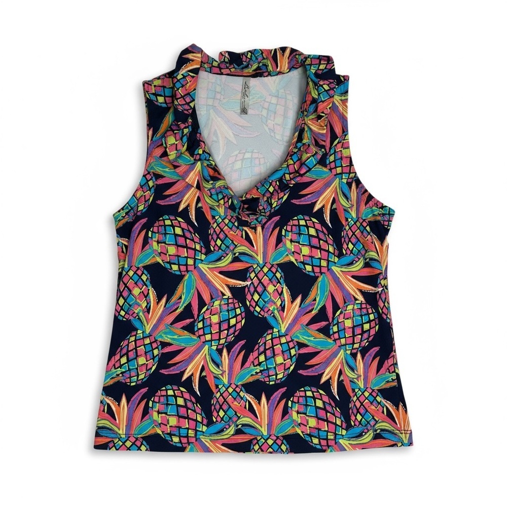 Lulu-B Navy Blue Pineapple Sleeveless Ruffle V-Neck Top
UPF50 Sun Protection